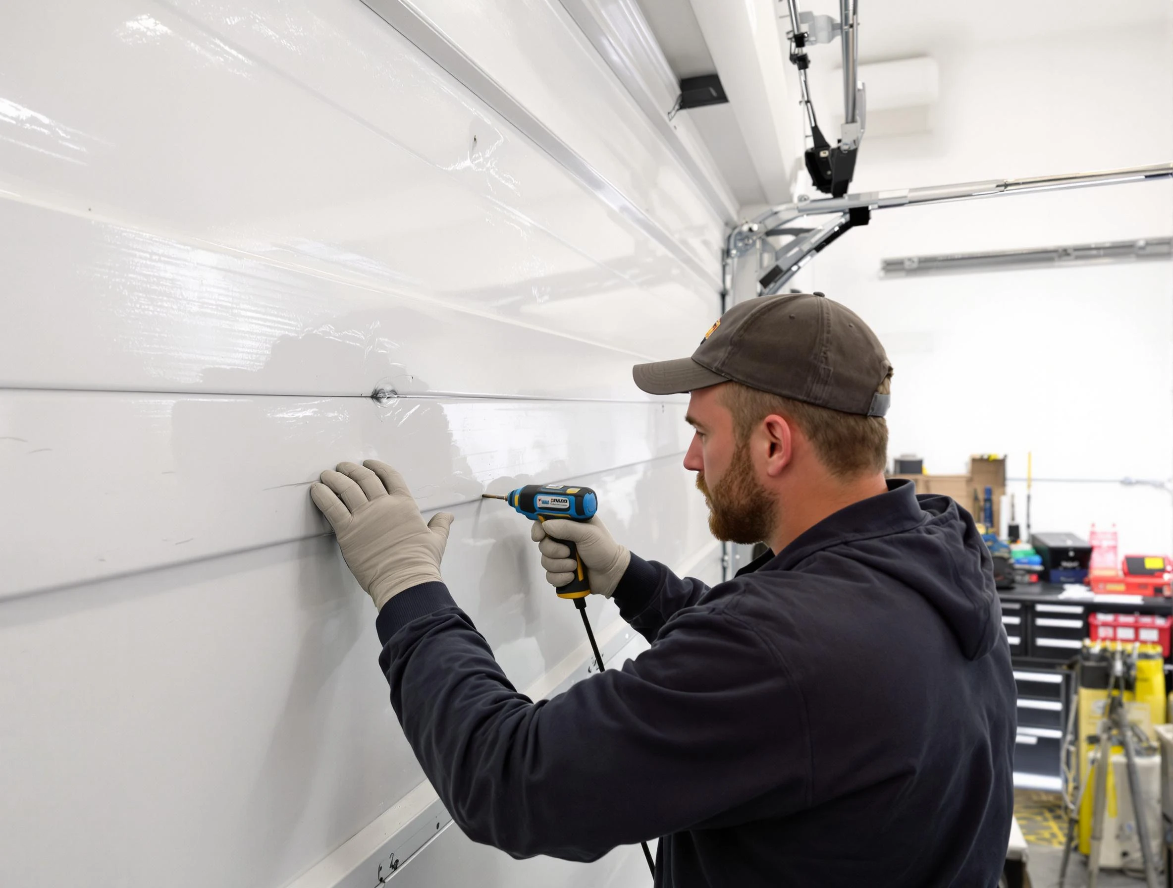 Mount Pleasant Garage Door Repair technician demonstrating precision dent removal techniques on a Mount Pleasant garage door
